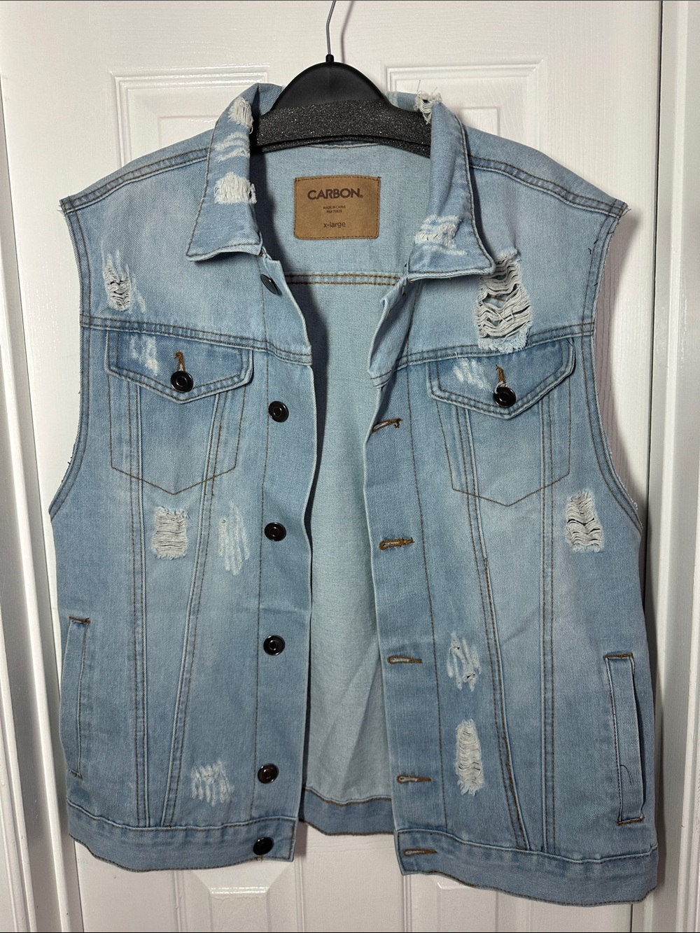 Carbon Light Blue Distressed Denim Vest with metal buttons XL 0005